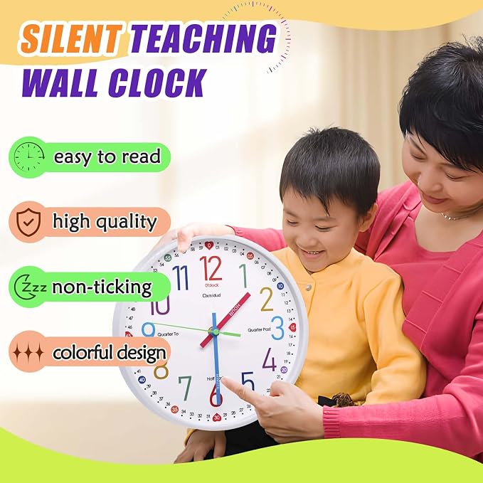 Learning Clock for Kids,10'' Silent Non-Ticking Teaching to Tell Time Colorful Wall Clocks for Children's Room Bedroom Classroom Home Decor, Gifts for Christmas Birthday (White) - Image 8