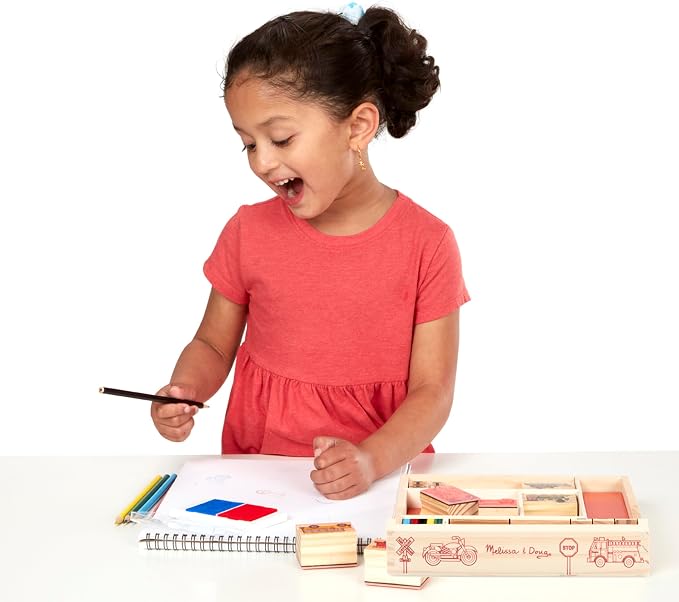Melissa & Doug Wooden Stamp Set: Vehicles - 10 Stamps, 5 Colored Pencils, 2-Color Stamp Pad - Image 3