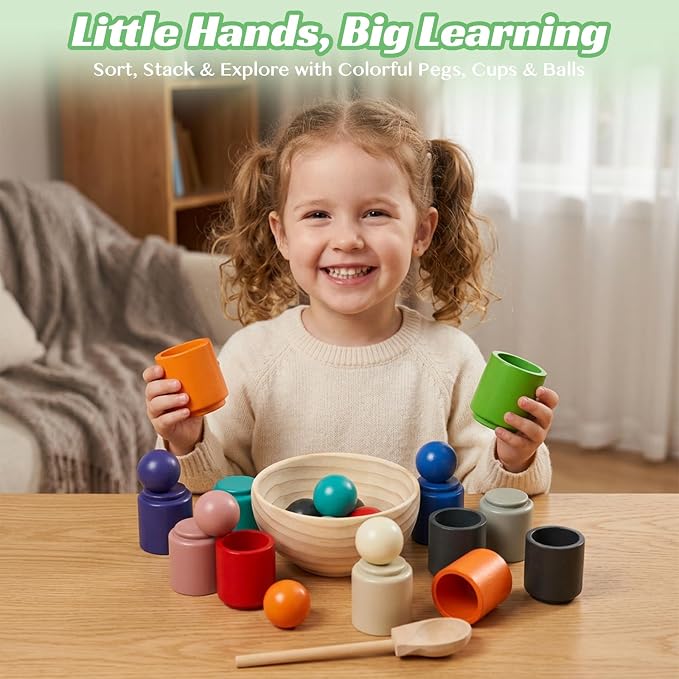 WOODENFUN Rainbow Balls in Cups Toddler Montessori Toys for 3 Year Old Up - Image 5