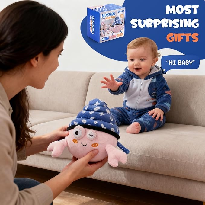 Music Crawling Hermit Crab Baby Toy 6-12 Months,Montessori Toys for 1 Year Old+,Infant Stuffed Animal Toy with Tummy Time Toy & Floor Play,Dancing & Talking Soft Plush Toy for Boys and Girls