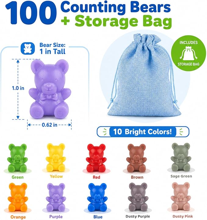 XINHUIDALSQ Rainbow Counting Bears Set of 100, 10 Colors Sorting Teddy Plastic Bears Math Manipulatives for Toddlers, 1 Inch Bear Conters Ages 3+ Kids - Image 3