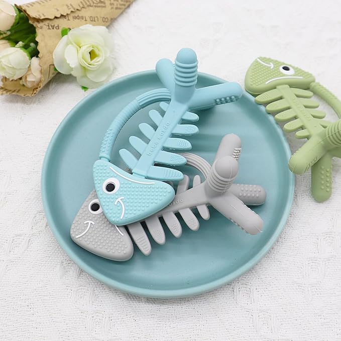 3 in 1 Infant Toys, Baby Teething Toys 3–6 6–12 Months, Teethers for Babies 0–3–6–12 Months for Teething Relief, Baby Gift, Baby Teether Toys, Silicone Sensory Toys, USA Patent Pending, Fish (Olive)