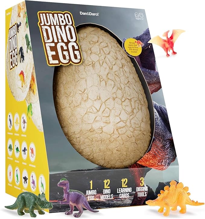 Dan&Darci Jumbo Dino Easter Egg - Unearth 12 Unique Large Surprise Dinosaurs in One Giant Filled Egg -Easter Gifts for Kids - Discover Dinosaur Archaeology Science STEM Crafts Gifts for Boys & Girls by Dan%26Darci