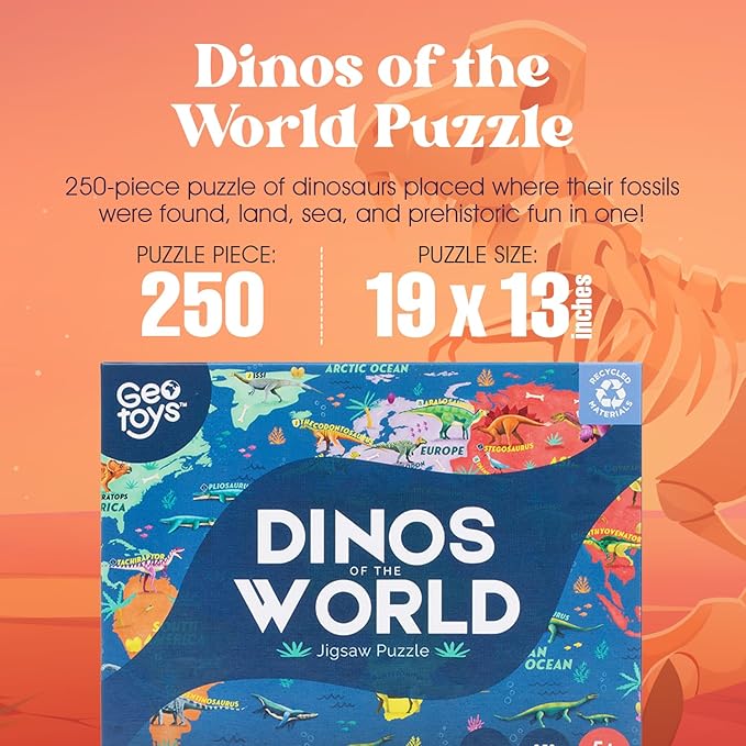 Geotoys Dinos of The World Jigsaw Puzzles for Kids - Dinosaur Jigsaw Puzzle for 5+ Year Old - 250 Piece Puzzles for Kids - Educational Dinosaur Puzzle Gifts for Dino Lovers - Made in USA