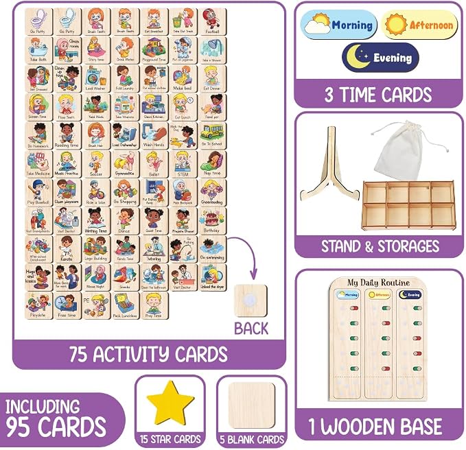 My Daily Routine Chart for Kids 11x14 Inch – Wooden Chore Chart with Morning Afternoon Evening Sections, Visual Schedule Board with Sliding Trackers & Star Reward System for Toddlers - Image 2