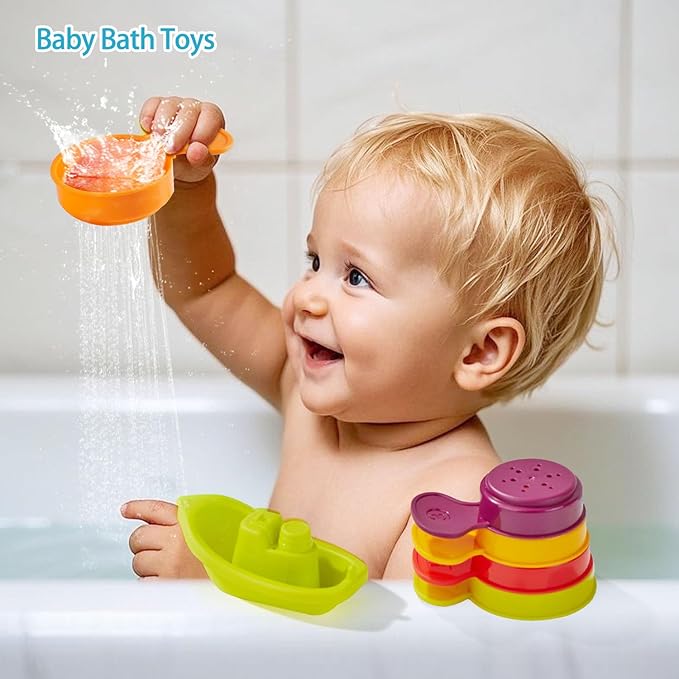 Baby Bath Toys for Kids Ages 1-3 11PCS Mold Free Bath Toys for Toddlers with Floating Boats and Spoons, Baby & Toddler Bathtub Sand Beach Pool Water Toys for Christmas Birthday Gifts