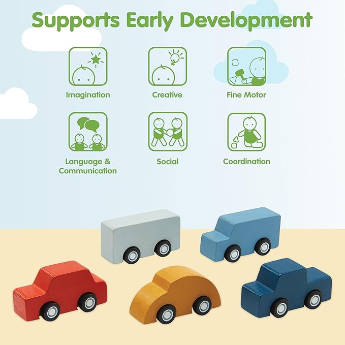 PlanToys® Mini Car Set Wooden Montessori Vehicle Set | Early Movement, Imagination and Practical Life Exploration | Eco Friendly Mini Car Set for Indoor and Outdoor Play