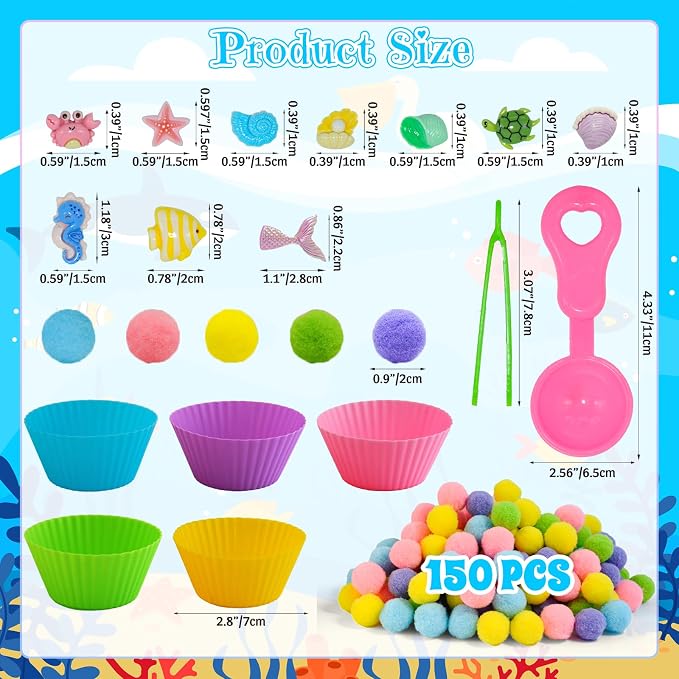 185pcs Summer Ocean Animal Sensory Bin Filler Fine Motor Toys Ocean Animals Sensory Bin Items Resin Crab, Starfish, Sea Snail, Pearl Shell Pom Poms for Preschool Education Counting Sorting - Image 3