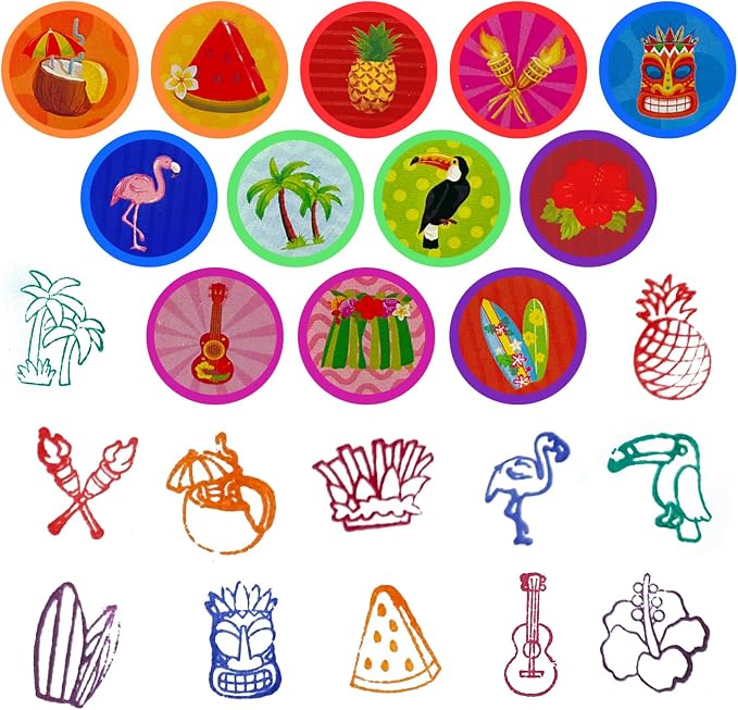 Cinrobiye 24 Pcs Hawaiian Luau Stampers for Kids, Tropical Party Favor Set, Hawaii Theme Stampers with Palm Tree Hibiscus Surf Designs, Luau Birthday Party Supplies, Classroom Rewards, Goody Bags - Image 2