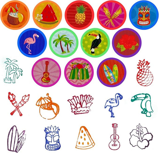 Cinrobiye 24 Pcs Hawaiian Luau Stampers for Kids, Tropical Party Favor Set, Hawaii Theme Stampers with Palm Tree Hibiscus Surf Designs, Luau Birthday Party Supplies, Classroom Rewards, Goody Bags - Image 2
