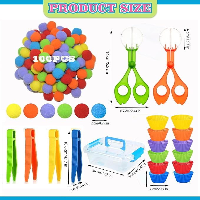 119Pcs Kid Tweezers fine Motor Skills Set,Helping Hands fine Motor Tool Set，Includes 100 Pcs Pompoms,12 Cups,4 Tweezers,2 Clips,1 Storage Box for Counting Sorting Training - Image 2