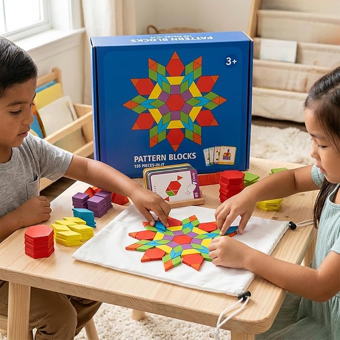 155 Pcs Wooden Pattern Blocks Set - Geometric Shape Puzzle for Kindergarten - Classic Educational Montessori Tangram Toys with 24 Design Cards for Kids Ages 3-8 - Image 2