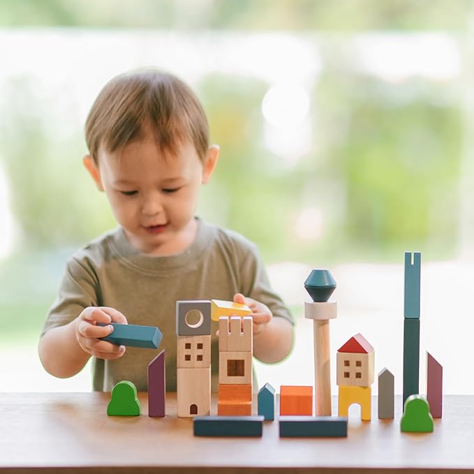 PlanToys® Cityscape Blocks Wooden Montessori Building and Imaginative Play Set | Fine Motor, Creativity and Early STEM Skill Development | Eco Friendly Open Ended Construction Toy