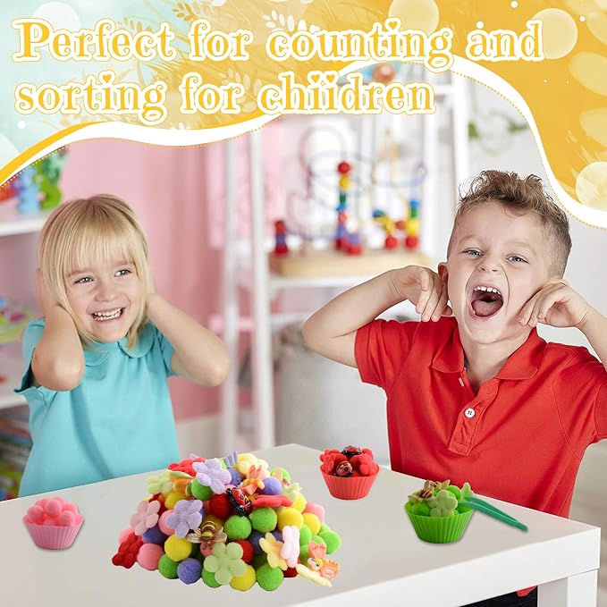 225pcs Spring Sensory Bin Filler Fine Motor Toys Flowers Insects Sensory Bin Items Bee Dragonfly Butterfly Beetle Ladybug Felt Easter Flowers Pom Poms for Color Counting Sorting - Image 4