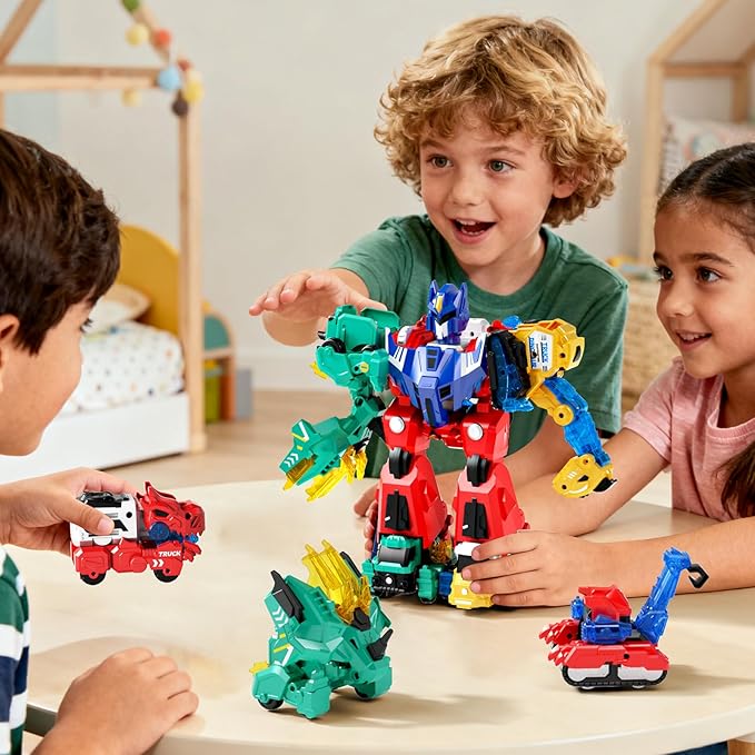 Magnetic Dinosaur Transforming Robot Toys, 6-in-1 Dino Construction Trucks for Kids, Magnetic Car Toys for Boys Girls Age 3 4 5 6 7 8, STEM Educational Christmas Building Gift