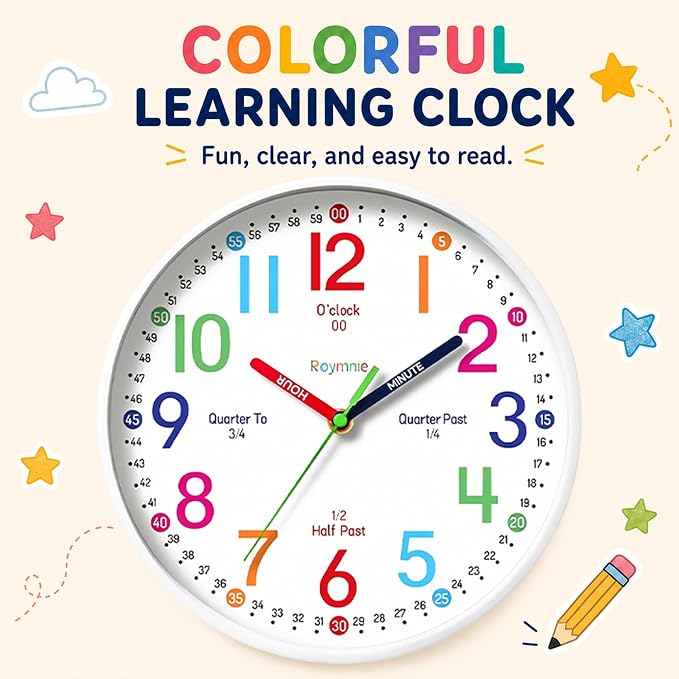 Roymnie Wall Clock 8" for Kids Learning Battery Operated Teaching Silent - Image 6