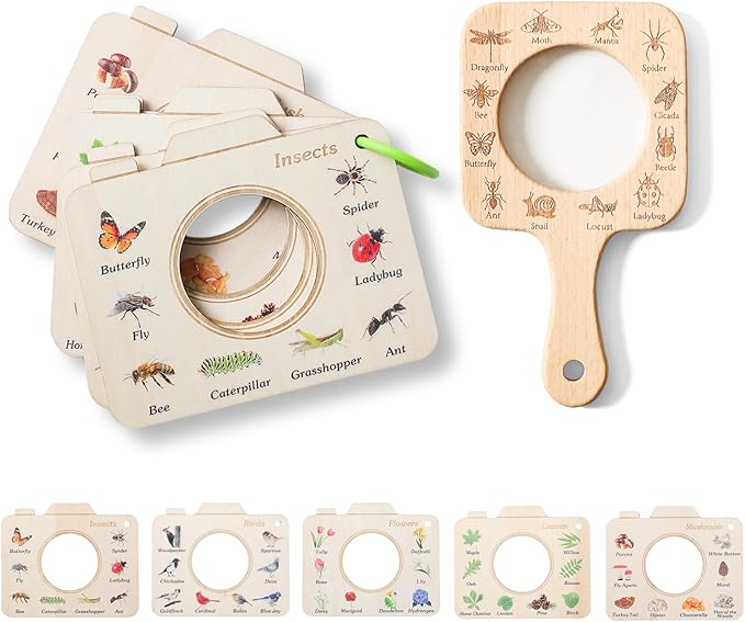 Magnifying Glass for Kids Wooden Montessori Educational Explore Toy Magnifying Glasses and Wood Bug Cards for Outdoor Adventure Birthday Gift for Boys Girls Ages 3+ by ibwaae