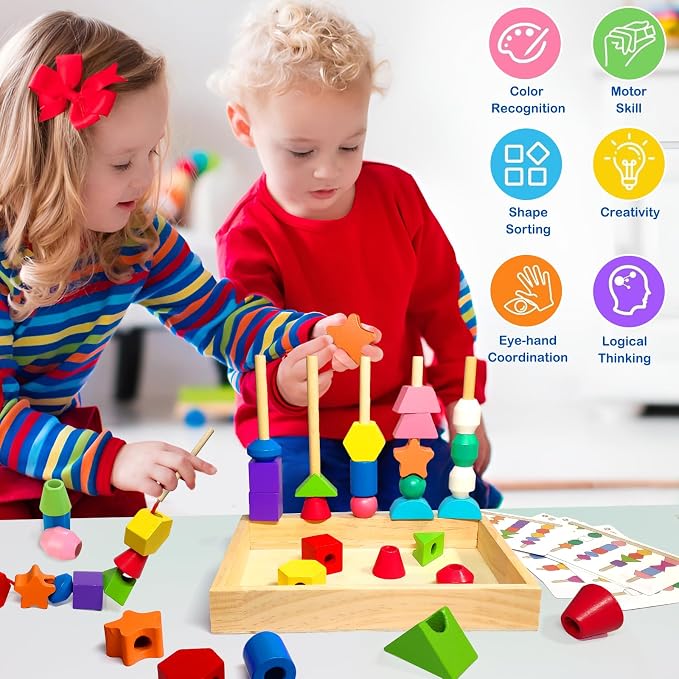 Montessori Wooden Beads Sequencing Toy Set, Sorting Stacking Blocks & Lacing Beads & Shape Matching Stacker for 2 3 4 5 Years Kids Preschool Learning Fine Motor Skills Toys Gifts for Toddler Boy Girl - Image 6