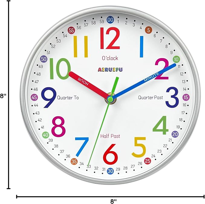 AIRUIFU Wall Clock for Kids Learning Tell Time Easily Non-Ticking Battery Operated Kids Teaching Time Clock- Analog Colorful Clock Decorative for Kids Room Classroom School(8 Inch) - Image 8