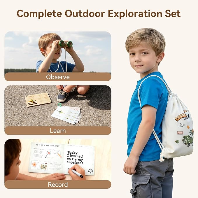 Kids Outdoor Explorer Kit Ages 4–8, Wooden Binoculars, Compass and Knot-Tying Board, Nature STEM Learning & Camping Toy Birthday Gift for Boys and Girls - Image 3