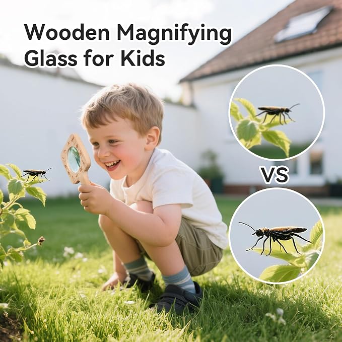 Magnifying Glass for Kids Wooden Montessori Educational Explore Toy Magnifying Glasses and Wood Bug Cards for Outdoor Adventure Birthday Gift for Boys Girls Ages 3+ - Image 3
