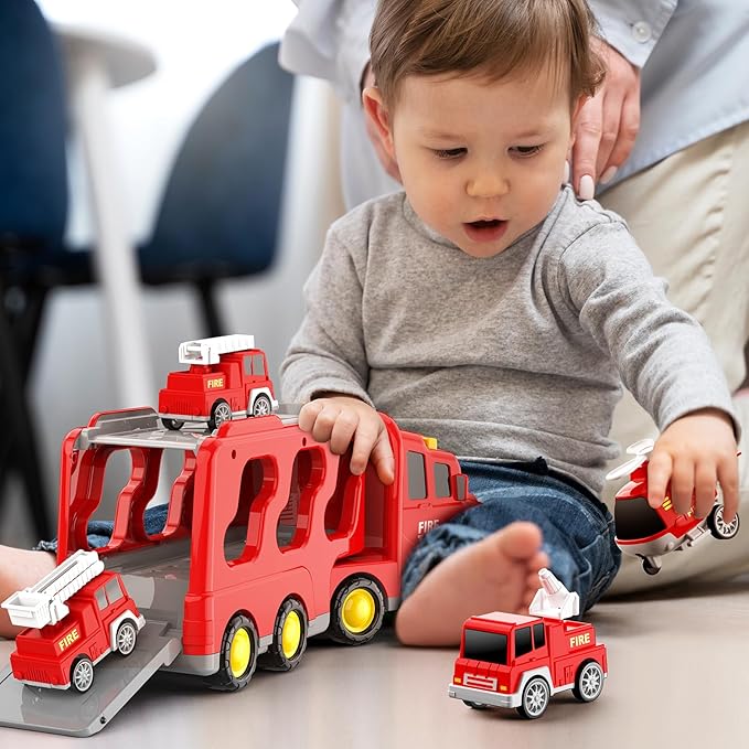 Toddlers Fire Truck for Kids 3-9 Year Old，5 in 1 Friction Power Vehicle Car for 3 4 5 6 7 Years Old Boys Girls，Carrier Truck Transport Toys for Christmas and Birthday Gifts