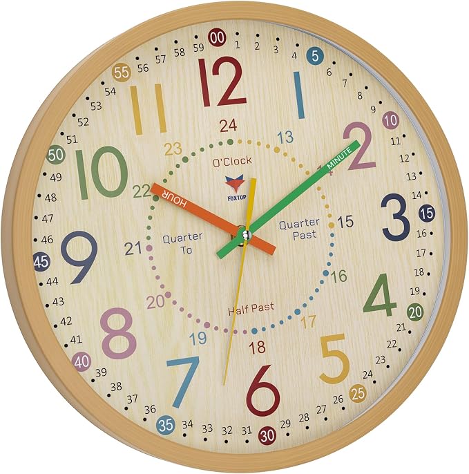 Foxtop Learning Clock for Kids - Telling Time Teaching Clock 12 Inch Silent Non-Ticking Battery Operated Kids Wall Clock for Kids Room Playroom Nursery Classroom School - Image 8