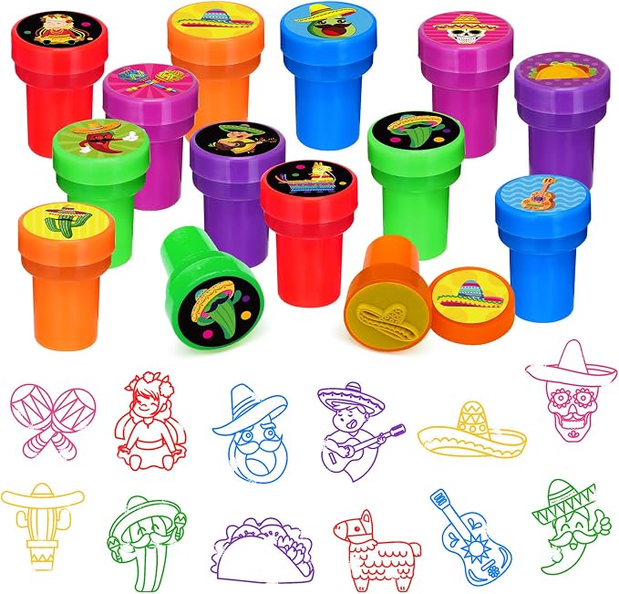 Cinrobiye 24 Pcs Mexican Fiesta Stampers for Kids,Party Favor Set, Mexico Party Favor Set Stampers, Cinco de Mayo Birthday Party Supplies, Classroom Rewards, Piñata Fillers, Goody Bag Stuffers by Cinrobiye