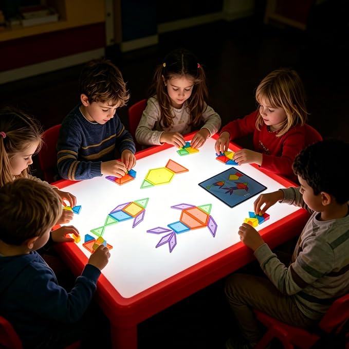 140PCS Translucent Pattern Blocks Set with Activity Game Cards, Geometric Shapes, Light Table Accessories, Math Manipulatives STEM Educational Toy for Kids - Image 7