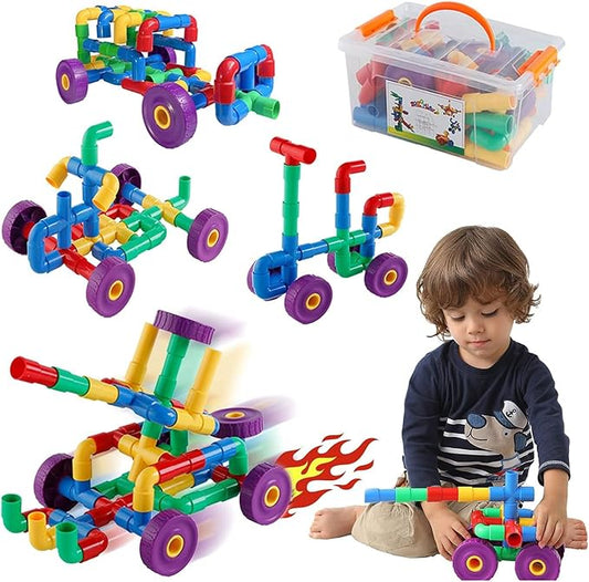 ZOZOPLAY STEM Learning Toy Tubular Pipes & Spouts & Joints 96 Piece Build Bicycle, Tank, Scootie, Moter Skills Endless Designs Educational Building Blocks Set for Kid Ages 3+ Multicolor