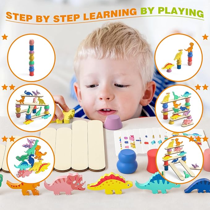 Montessori Dinosaur Toys for 1 2 3 4 Year Old Toddlers, Preschool Education Toys for Ages 2-4 Boys Girls Kids, Wooden Dinosaur Blocks Sorting & Stacking & Balance Toy, Educational Birthday Gift - Image 2