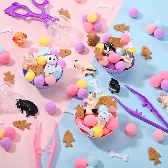 Sanixn 207 Pcs Pet Sensory Bin Fillers Dog and Cat Fine Motor Skills Pet Sensory Bin Item Pompoms Cups Tweezers Scissor Clips for Sorting Counting Fun Activities(Pet) - Image 4