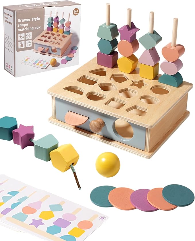 Biottro Montessori Toys for 3 4 5 Year Old - 5 in 1 Learning Education Toy for Toddler Kid Boys Girls - Shape Matching Stacking Color Sorting Beads Lacing Sensory Fidget Gifts by Biottro
