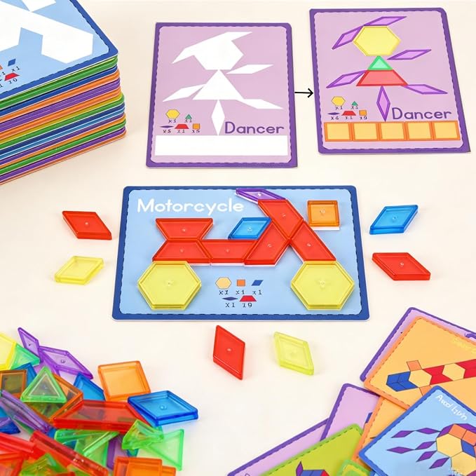 140PCS Translucent Pattern Blocks Set with Activity Game Cards, Geometric Shapes, Light Table Accessories, Math Manipulatives STEM Educational Toy for Kids - Image 6