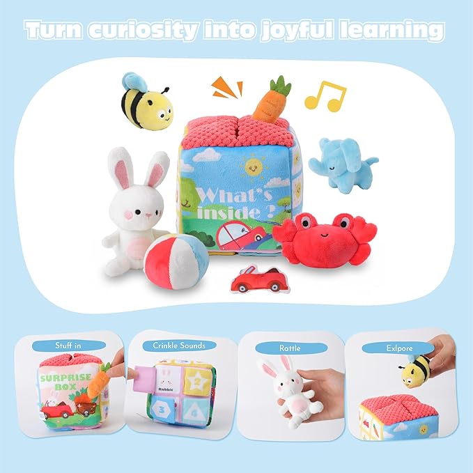 Baby Toys 6-12 Months - Mystery Soft Box with 8 Sensory Plush, Whats Inside Box with Rattle, Crinkle, Mirror, Montessori Toys for Toddlers 1-3, Early Development Christmas Birthday Gift