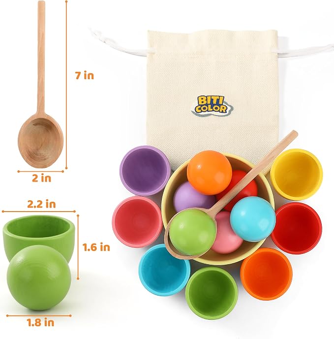 Montessori Larger Ball in Cup Color Sorting Toy for Toddlers Wooden Rainbow Ball Color Matching Toy - 7, 46mm - Image 6