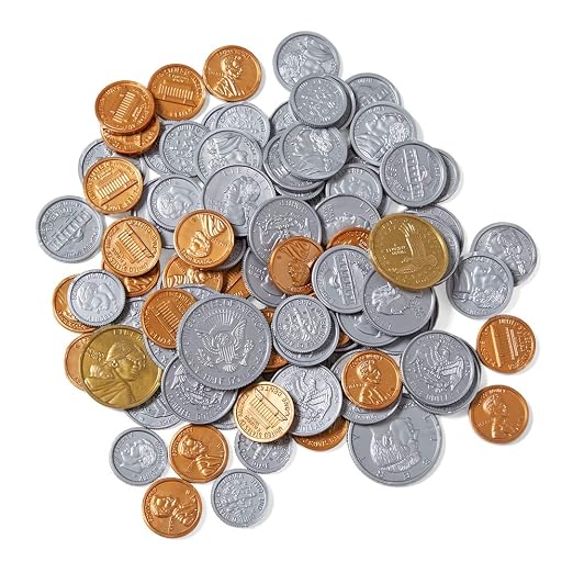 hand2mind Fake Money Coin Assorted Set, Detailed Fake Coins, Prop Money, Toy Money, Play Money for Kids, Realistic Money, Pretend Money for Kids Learning, Play Money Set, Plastic Coins (Set of 96) by hand2mind
