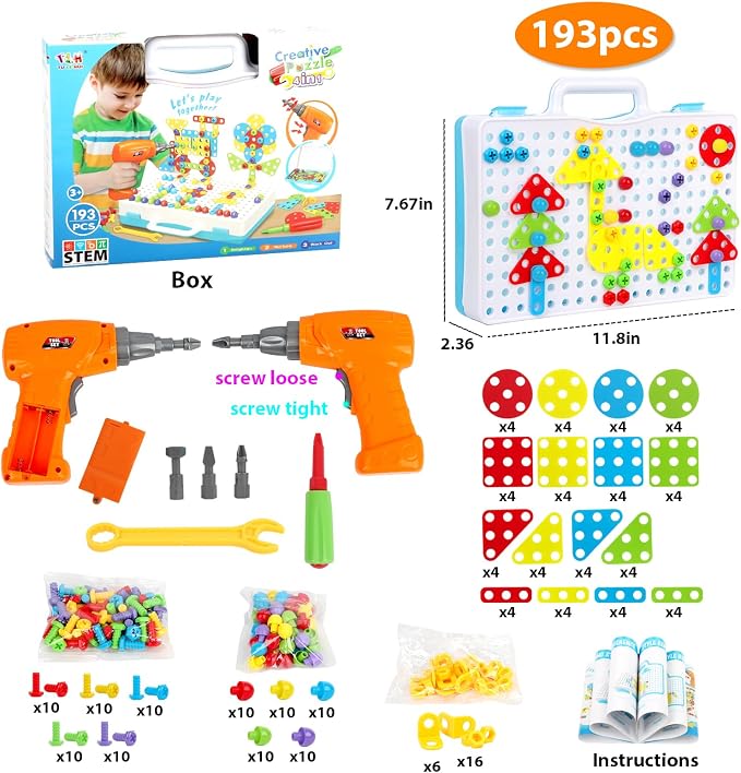 HAPTIME Design and Drill Toy,Educational Toys Building for Kids Ages 3-8,STEM Toys for 3 4 5 6 Year Old,193 Pcs Electric Drill Toy,Magic Montessori Play Toolbox for Toddler Boys Girls Preschool - Image 5