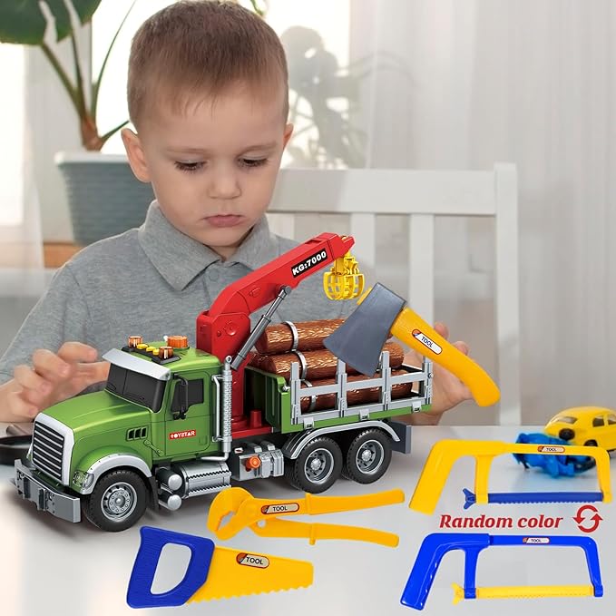 15 Inch Friction Powered Timber Truck Toy with Loading Crane, 6 Wooden Logs & Lights/Sounds - Play Vehicle Gift for Boys Girls Kids Ages 3-7