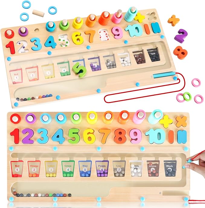 3 in 1 Montessori Toys for 3+ Year Old, Education Toys for Preschool Learning Activities, Wooden Magnetic Color and Number Maze, Sorting Counting Color Matching Toddler Puzzle by Rideomon
