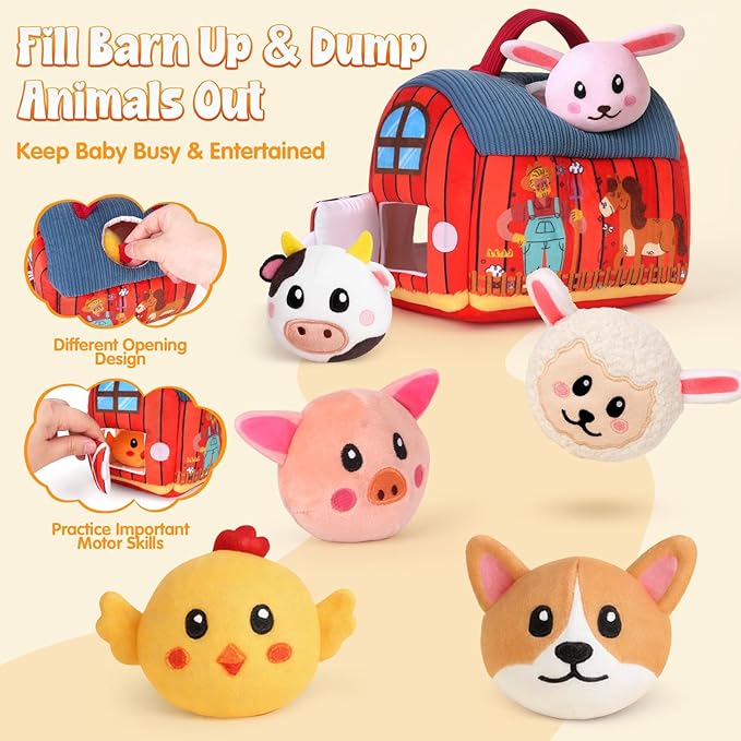 Baby Toys 6-12 Months - Soft Barn with Stuffed Farm Animals Toy, Montessori Toys for 6 Months Infant Boys Girls Sensory Gifts with Rattle, Crinkle Paper, Mirror Christmas Stocking Stuffers