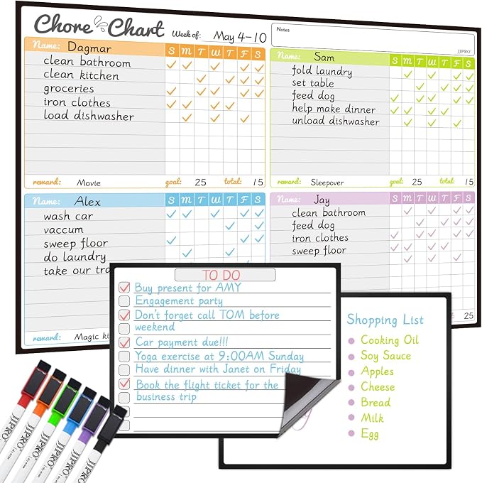 JJPRO Magnetic Dry Erase Chore Chart Set for Fridge-Used for Multiple Kids-One Chore Chart and Two Bonus Dry Erase Pad/Grocery Boards-Behavior Chart for Multiple Kids by JJPRO