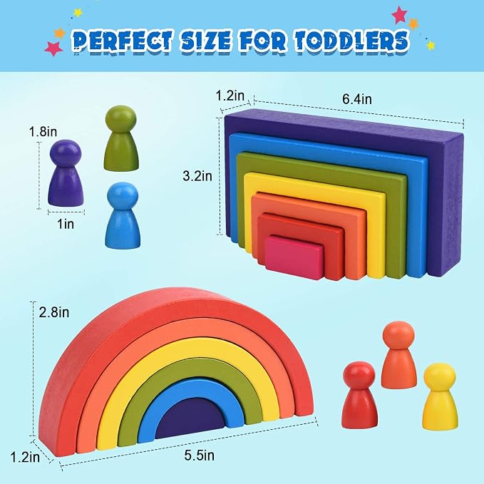 Wooden Toys, Montessori Toys for Kids 3 4 5 6+Years Old Boys Girls Rainbow Stacking Blocks Set Preschool Activites Educational Toy Gifts for Toddler-19PCS - Image 4