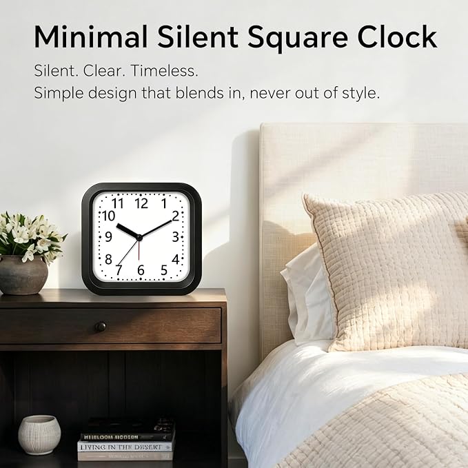 Loud Alarm Clock for Heavy Sleepers, 4.5" Simple Square Analog Alarm Clocks with Silent Movement Battery Operated Easy-to-Read Dial, Plastic Small Desk Clock for Bedroom Teens Seniors, Black - Image 7