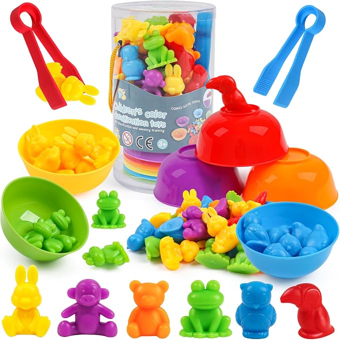 GKDOMS Counting Animals Toy Matching Game with Sorting Bowls Preschool Learning Activities Montessori Sensory Toys for Math Color Sorting, Party Favors Birthday Gifts for Kids by GKDOMS