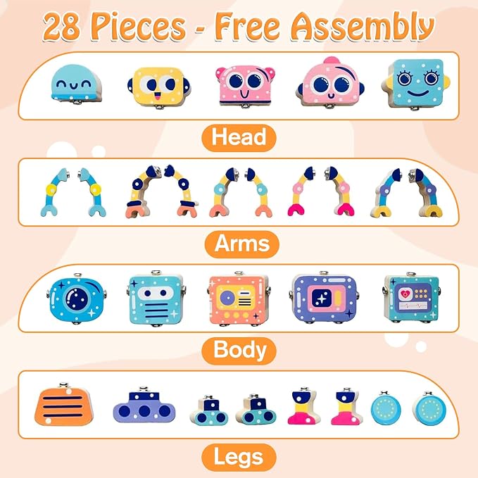 28-Piece Wooden Snap-Together Take-Apart Robot Building Blocks for Kids 3-6 - Image 3