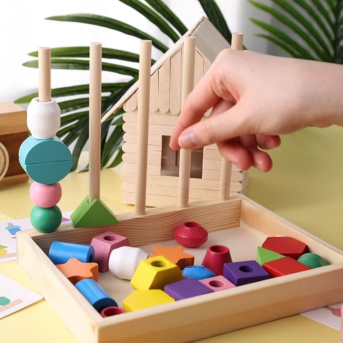 LovesTown Beads Sequencing Toy, Wooden Shape Stacking, 8 Cards, Frame - Image 7