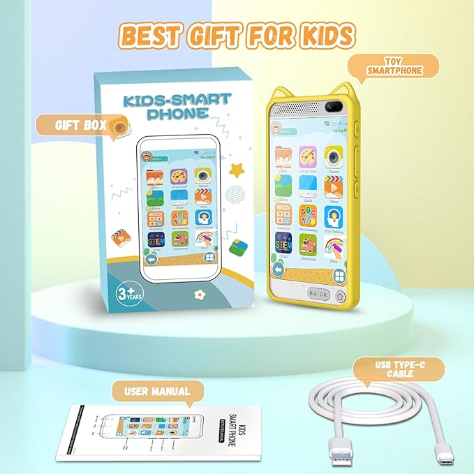 Kids Phone, 3.97" Touchscreen Toddler Smartphone Learning Toys, Fake Play Toy Phone with Music Player Educational Games，Christmas Birthday Gifts for Girls Age 3-12, 8G SD Card（Yelllow）