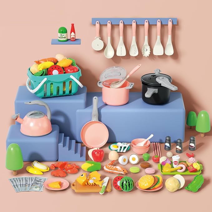 130Pcs Kitchen Playset, Toddler Pretend Cooking Play Pots, Pans, Utensils Cookware, Daily Food Fruit Veges, Shopping Storage Basket, Dessert, Prop Money, Learning Gift for Child (Pink) - Image 3