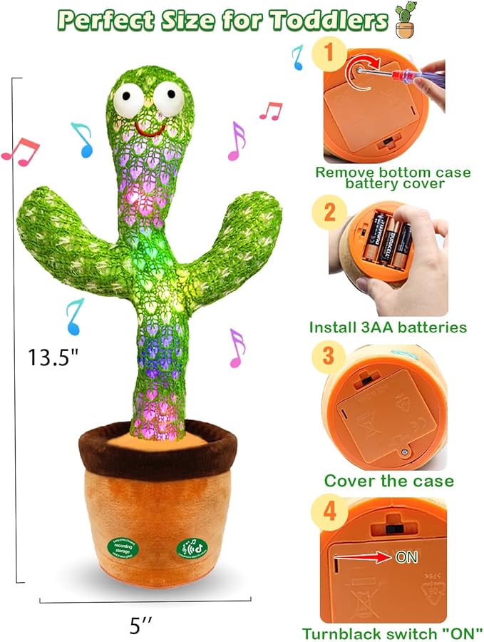 Pbooo Talking Dancing Cactus Toy for Baby, Repeats What You Say & Recording, 120 Songs Interactive Musical Toy with Volume Control, Light Up Tummy Time Infant Toys for 6 12 Months, 1 Year Old Gifts